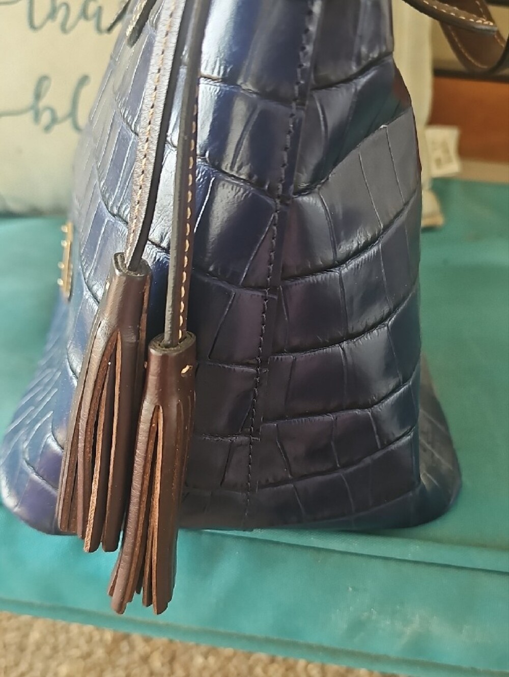 Dooney & Bourke Navy Croc-Embossed Tote with Brown Trim - Picture 7 of 8